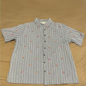 Women’s Blue Plaid Shirt with Floral Embroidery